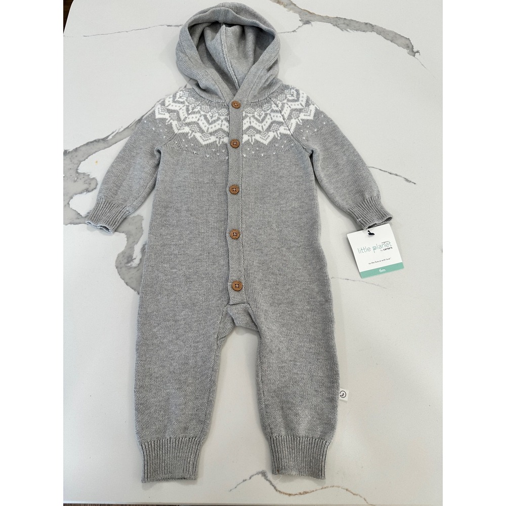 Little Planet Organic Carters Baby Grey Nordic Fair‎ Isle Knit Hooded Outfit 6m